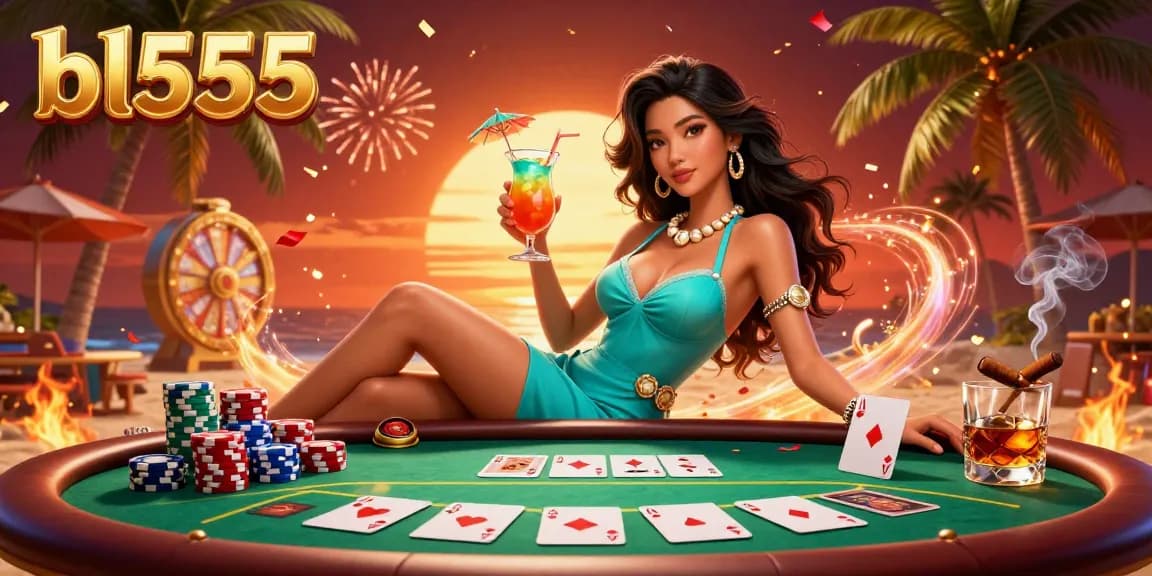 Experience excitement at bl555 with a glamorous Asian woman enjoying a tropical cocktail among vibrant casino elements.