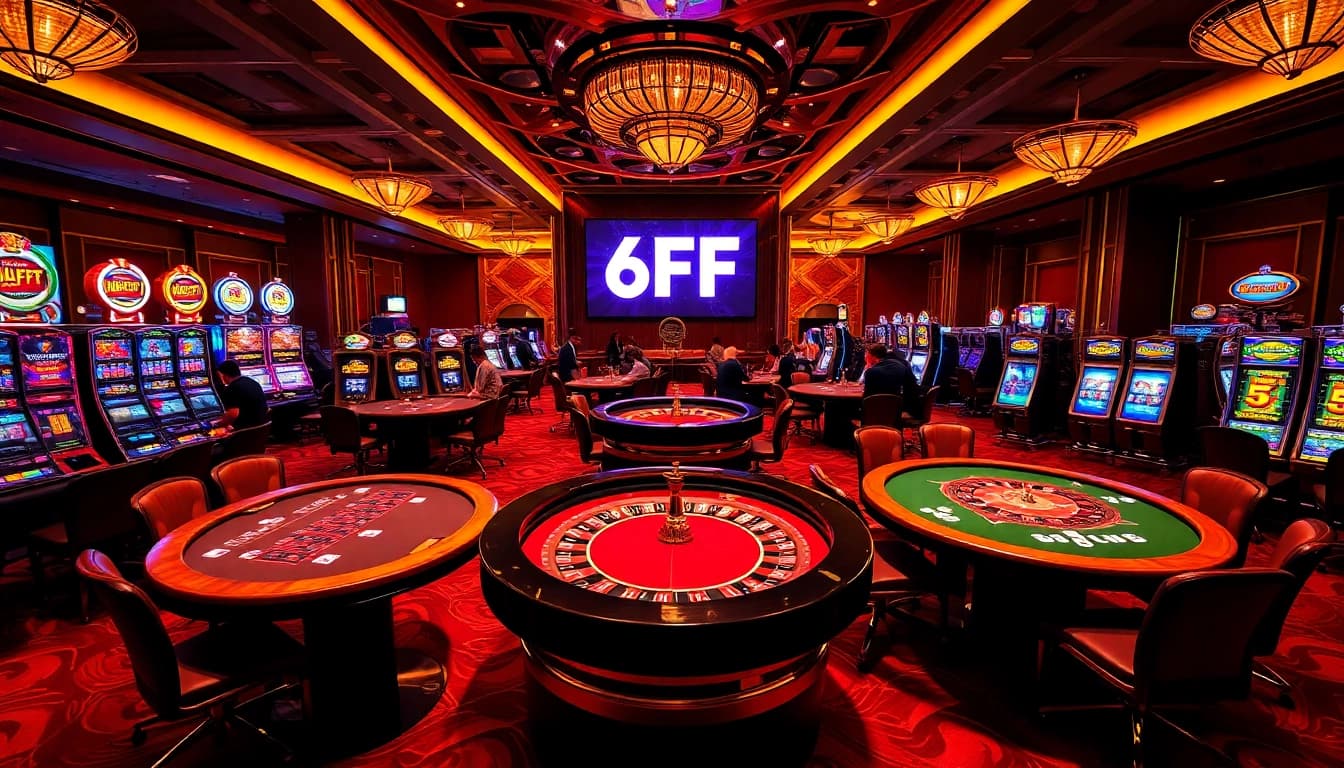 Players enjoying thrilling games at 6FF casino with luxurious tables and vibrant slot machines.