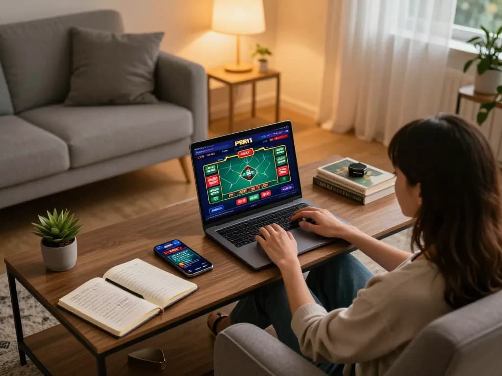 Person enjoying PERI11 online casino gaming on a laptop, showcasing a dynamic betting interface.