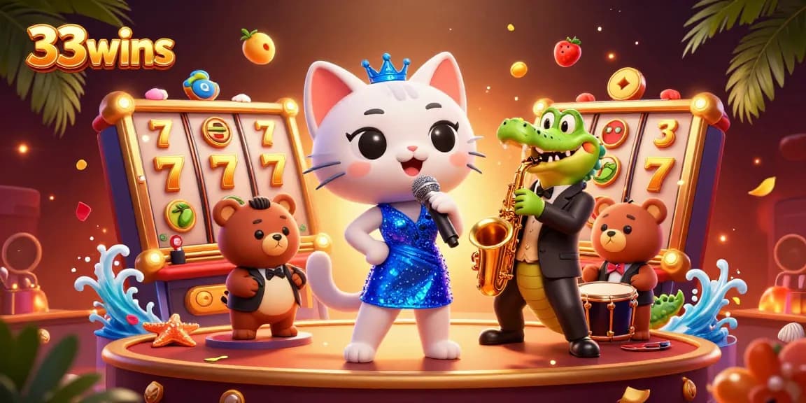 Experience thrilling gameplay at 33wins with vibrant slot reels and lively casino characters