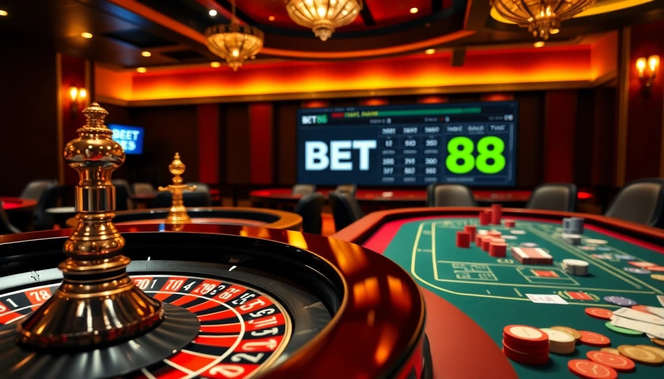 Experience the thrill of BET88 at an upscale casino with a vibrant roulette table and poker chips.