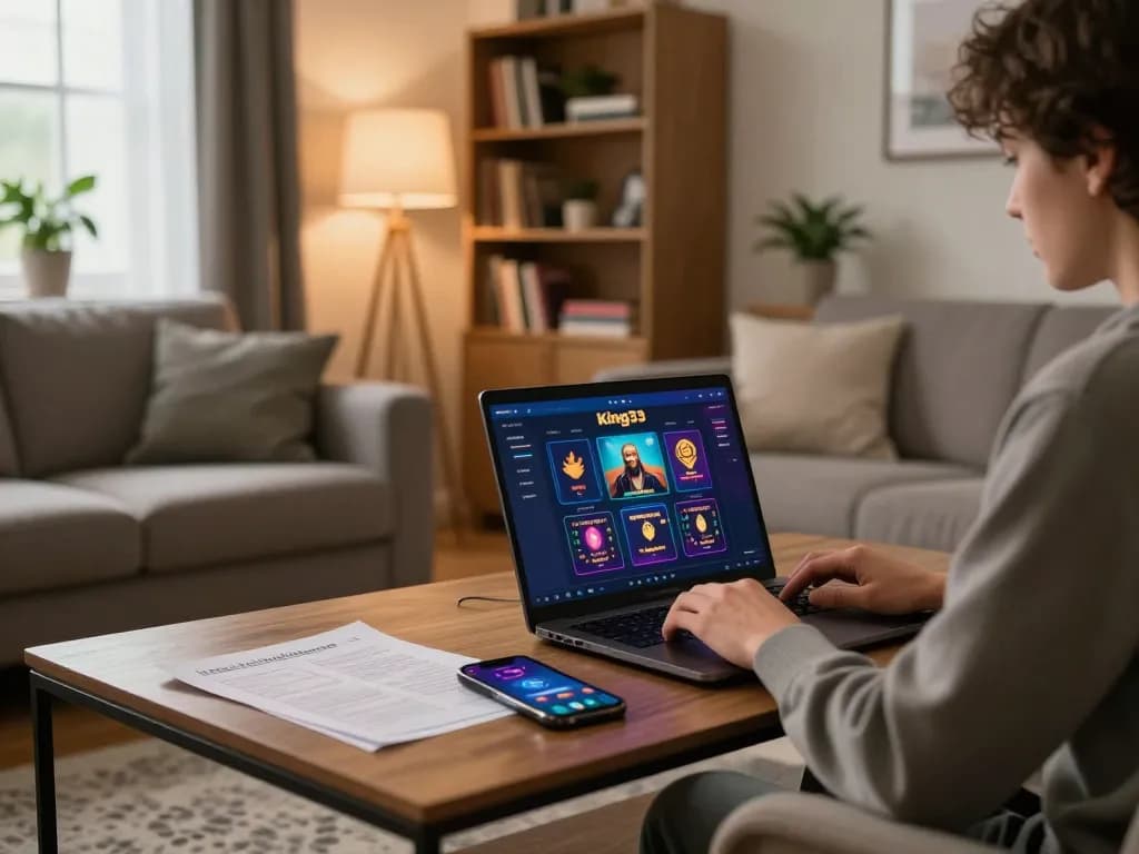 Engaging with the king33 online casino on a laptop in a cozy living room setup.