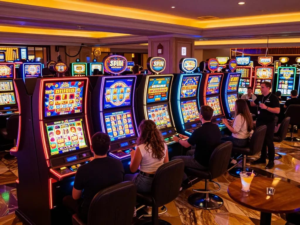 Players enjoying slot gacor games in a lively casino atmosphere with colorful machines
