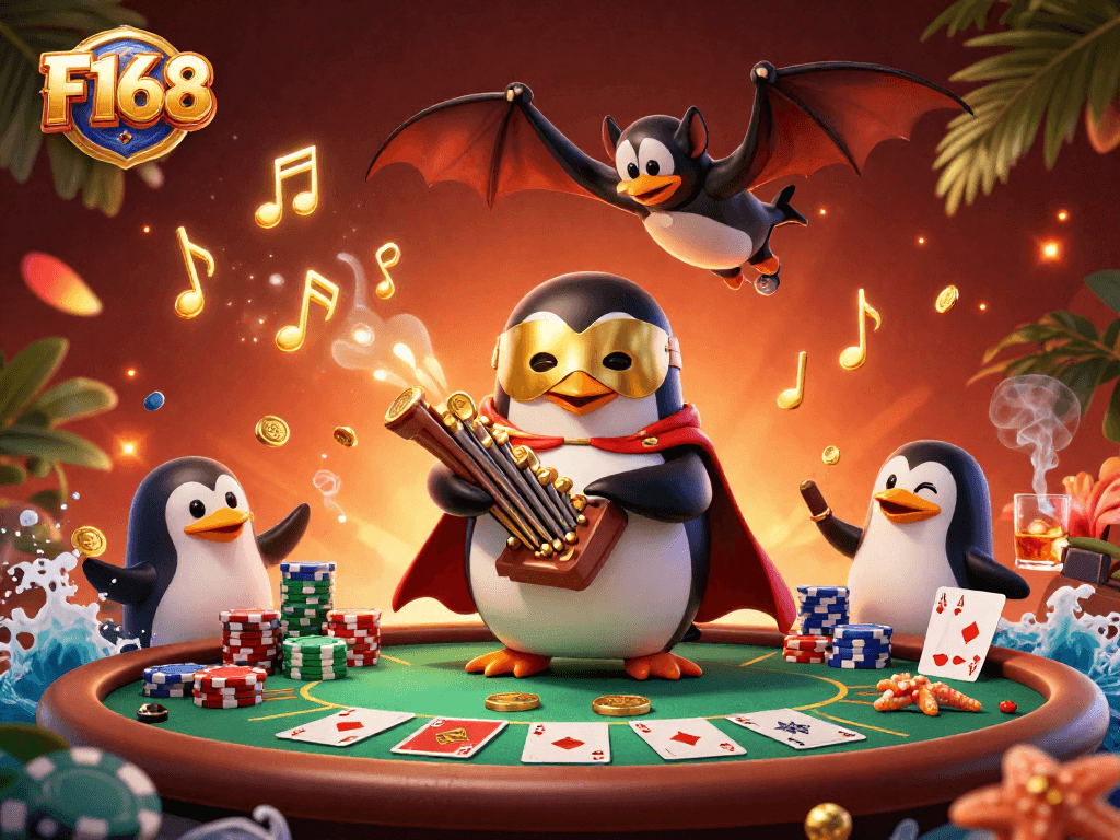 Experience thrilling gameplay at F168 with an exciting casino-themed 3D scene featuring a penguin and poker elements.