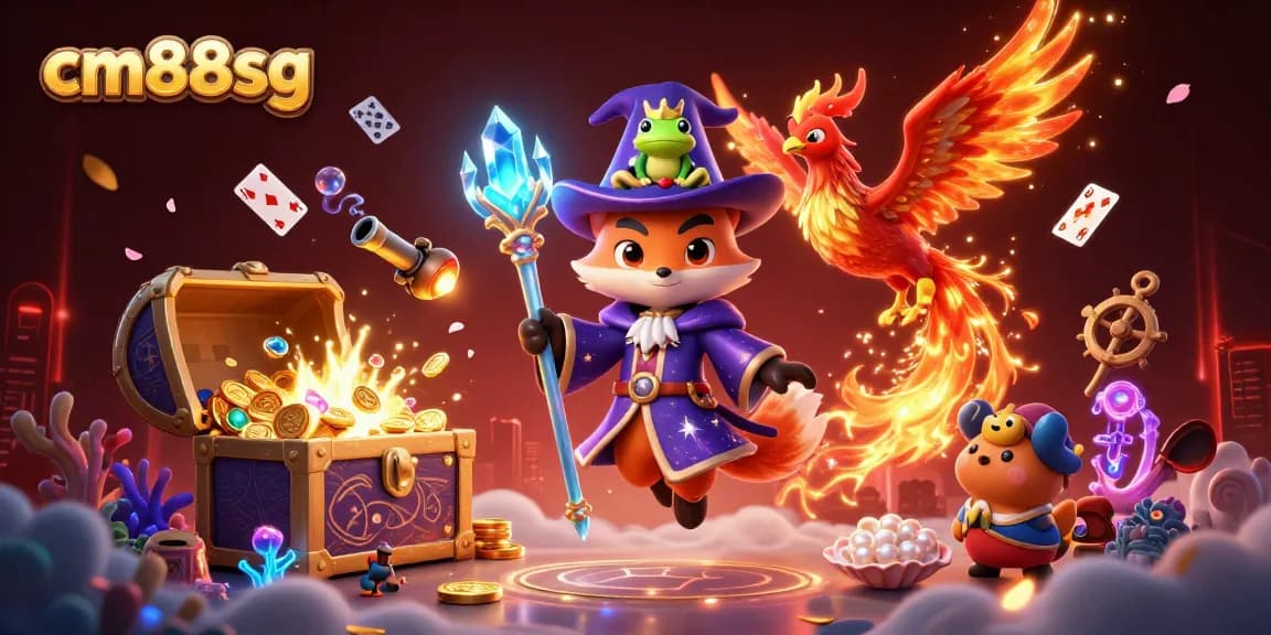 Join the excitement at cm88sg with a mystical wizard fox and treasure scattered in a vibrant casino scene.