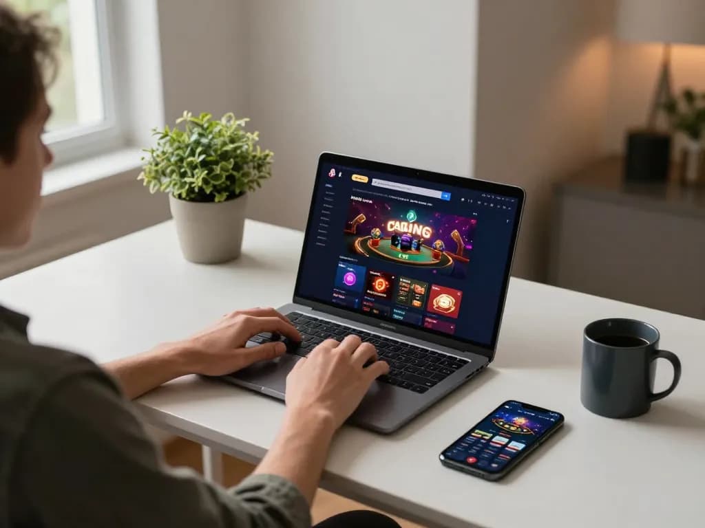 Engaging in online gambling strategies with bandar togel online on a laptop at home.