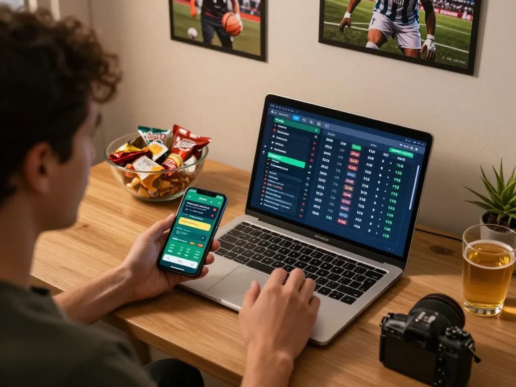 Engaged bettor using hi88 app on smartphone while analyzing live odds in a vibrant home setting.