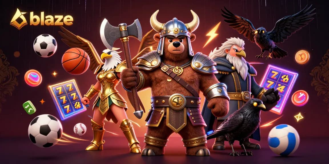Experience the thrill of blaze gaming with Viking bear and Valkyrie eagle in a vibrant 3D casino scene.