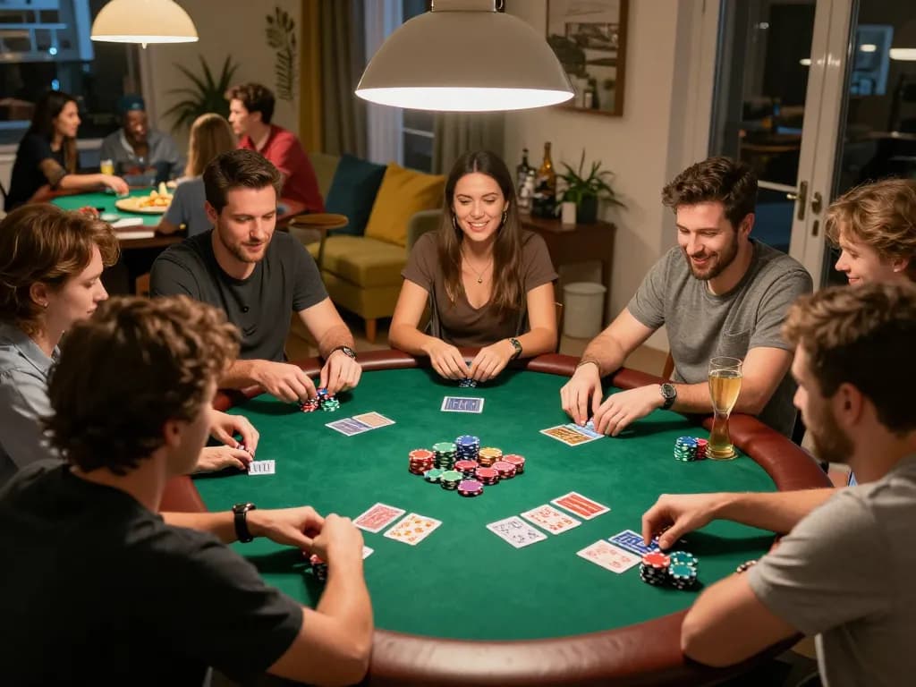 A group enjoying poker night at home, showcasing the fun atmosphere of 188bets gaming
