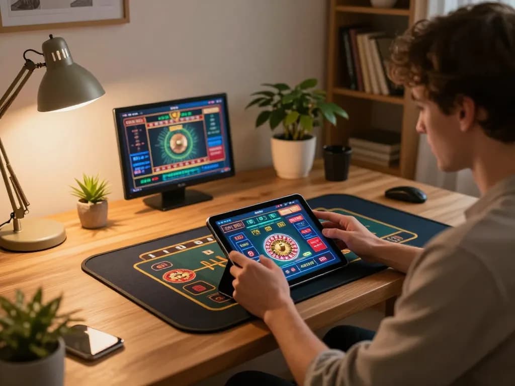 Engaging in online gaming at trang chủ 98win with a tablet showing a vibrant roulette interface.