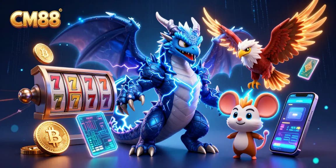 Play CM88 and experience thrilling jackpots with dynamic visuals of slots and crypto elements.