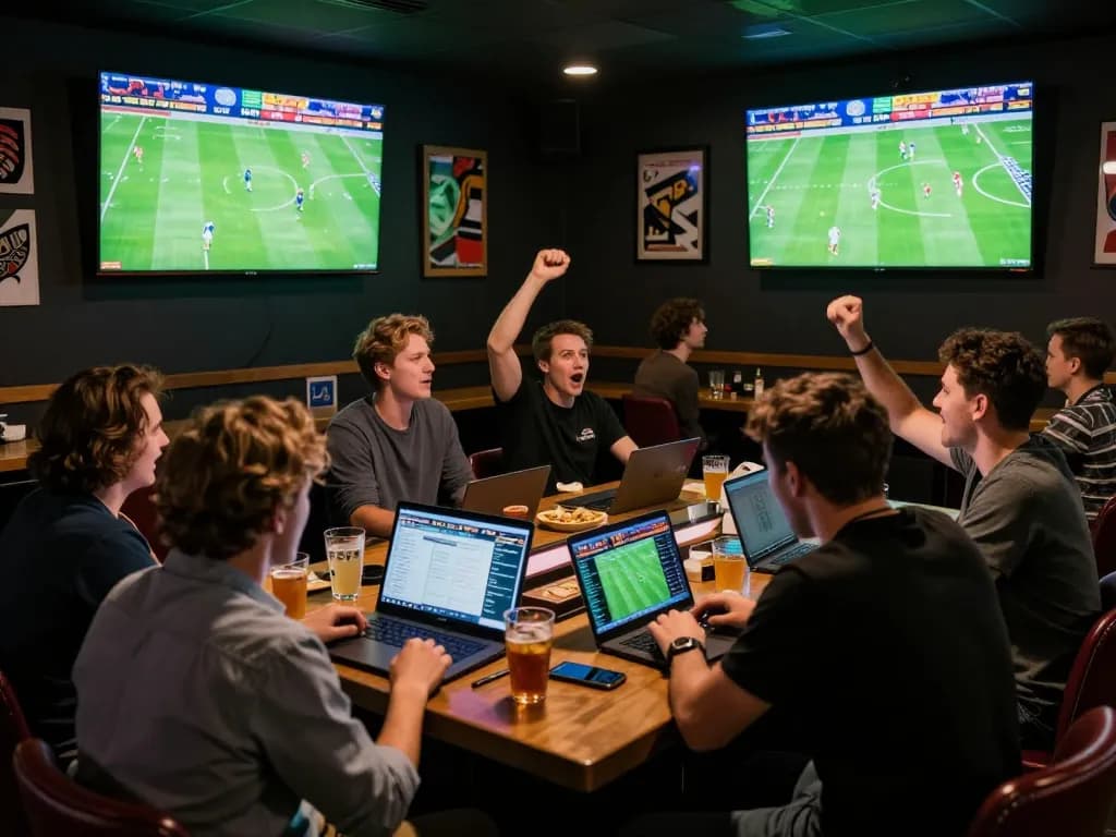 Engaged bettors following live 7m football matches at a vibrant sports betting bar