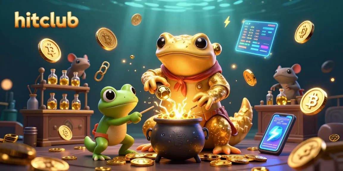 Experience the magic of hitclub casino with golden alchemist characters amid crypto coins and vibrant game elements.