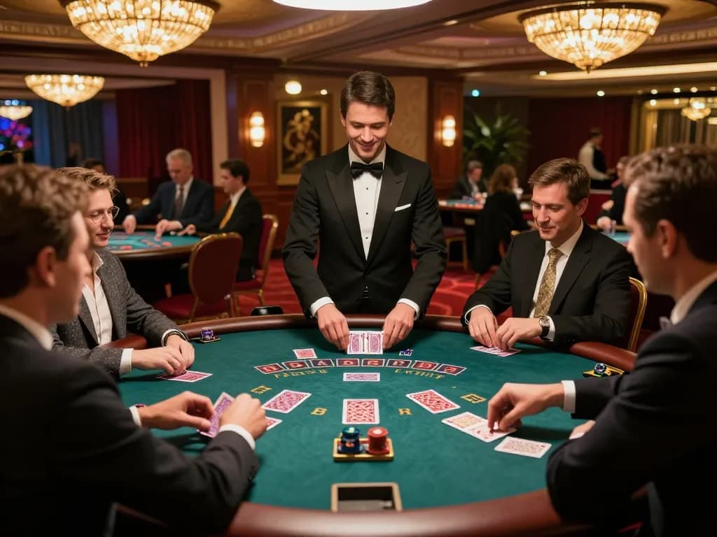Experience the excitement at trang chủ 5679 blackjack table with players making bets and dealer shuffling cards.