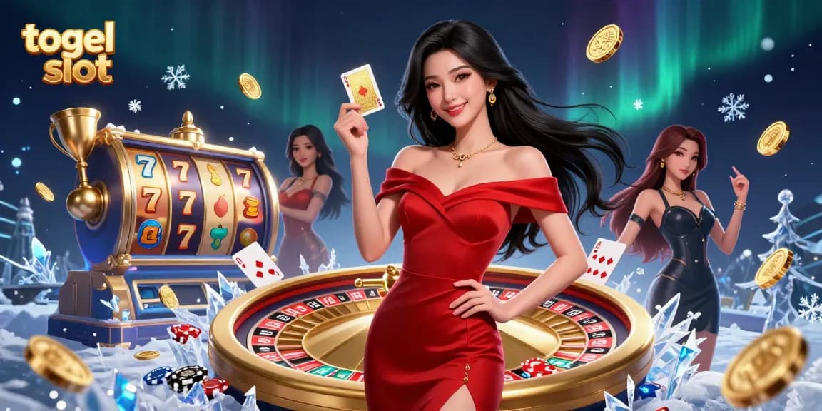 Engage in thrilling togel slot games with our glamorous dealer beside a roulette wheel, rich with vibrant casino elements.