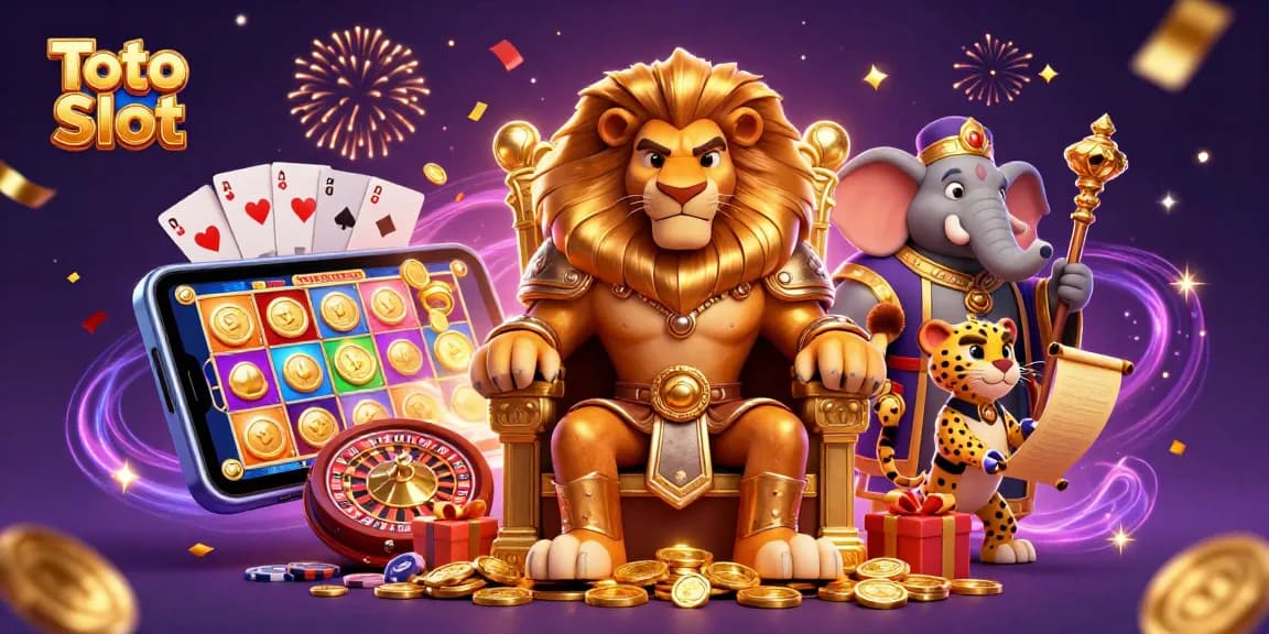 Menangkan jackpot dengan Toto Slot, seorang raja singa dan teman-teman di kasino yang meriah.
