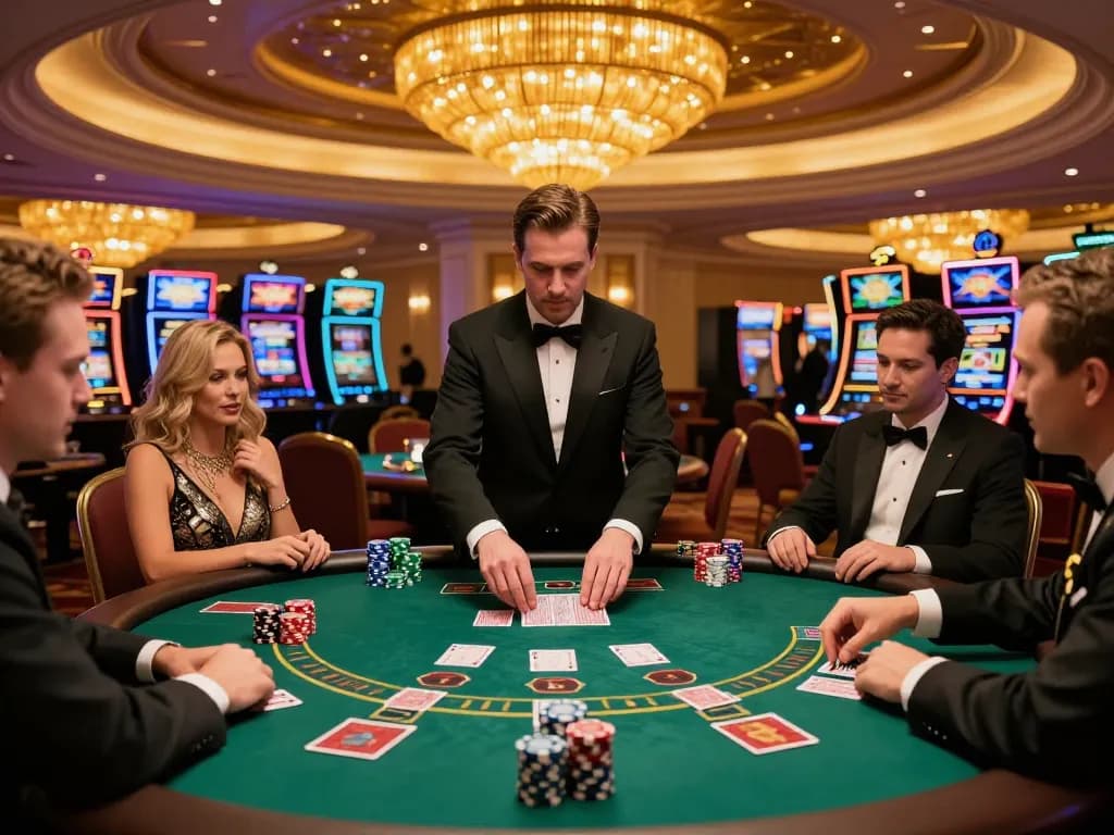 Pemain yang terlibat di meja blackjack mengalami strategi todosobrecomunicacion di kasino yang mewah.