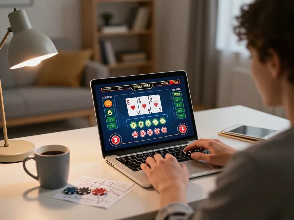 Player enjoying BK8 online casino game at home, showcasing engaging poker interface and cozy atmosphere.