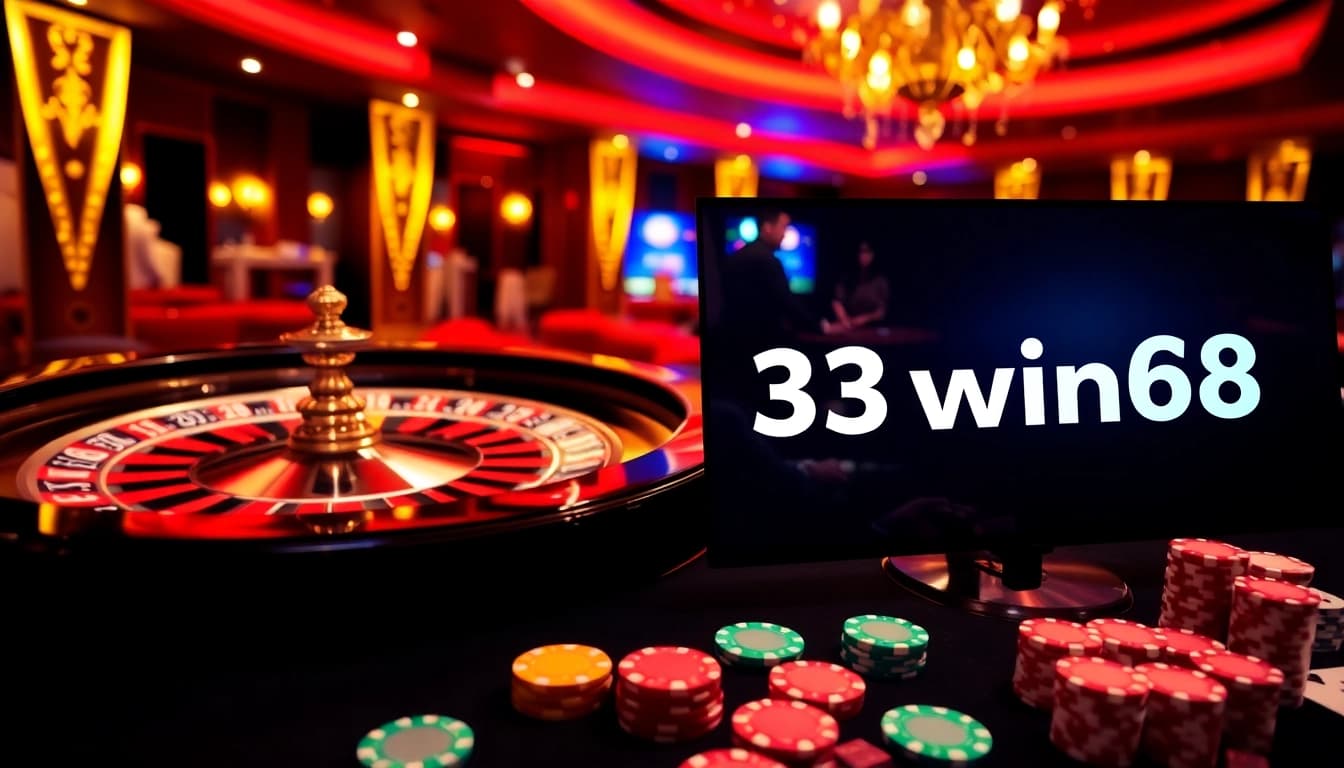 Rasakan sensasi perjudian online dengan 33win68, menampilkan aksi kasino yang berwarna-warni dan suasana mewah.
