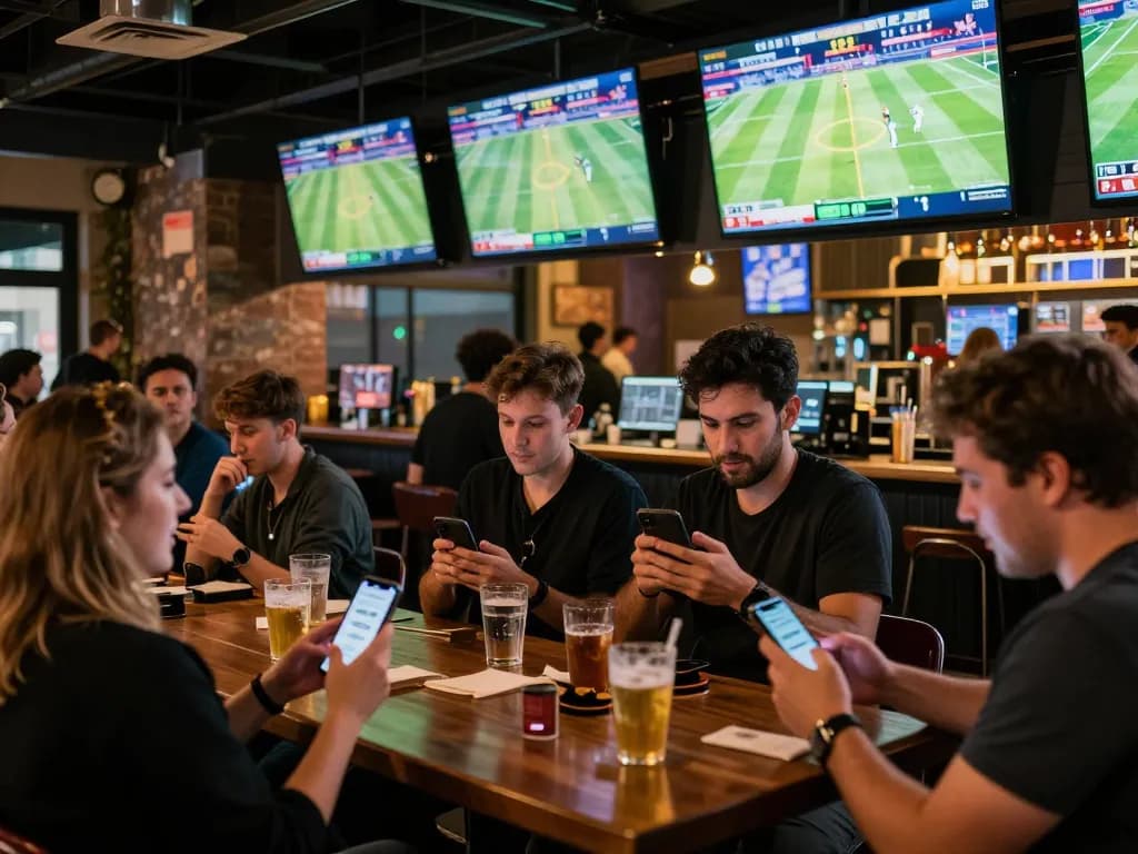 Betting on tỷ lệ kèo nhà cái 5 in a lively sports bar with patrons engaged in live matches and mobile apps