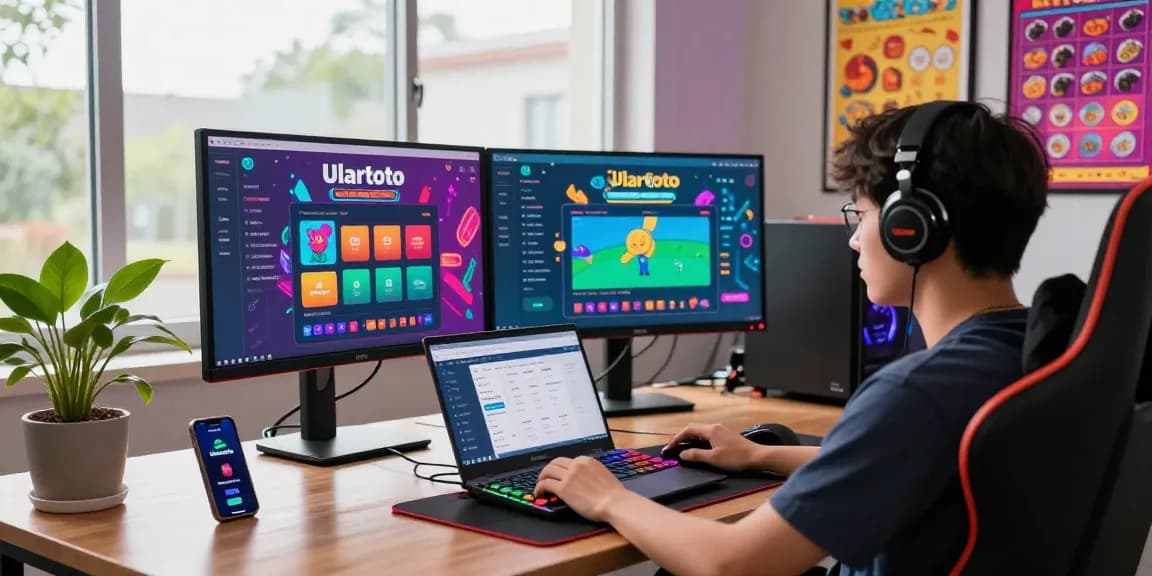 Engaged player enjoying ulartoto togel in a modern gaming setup with vibrant interfaces.