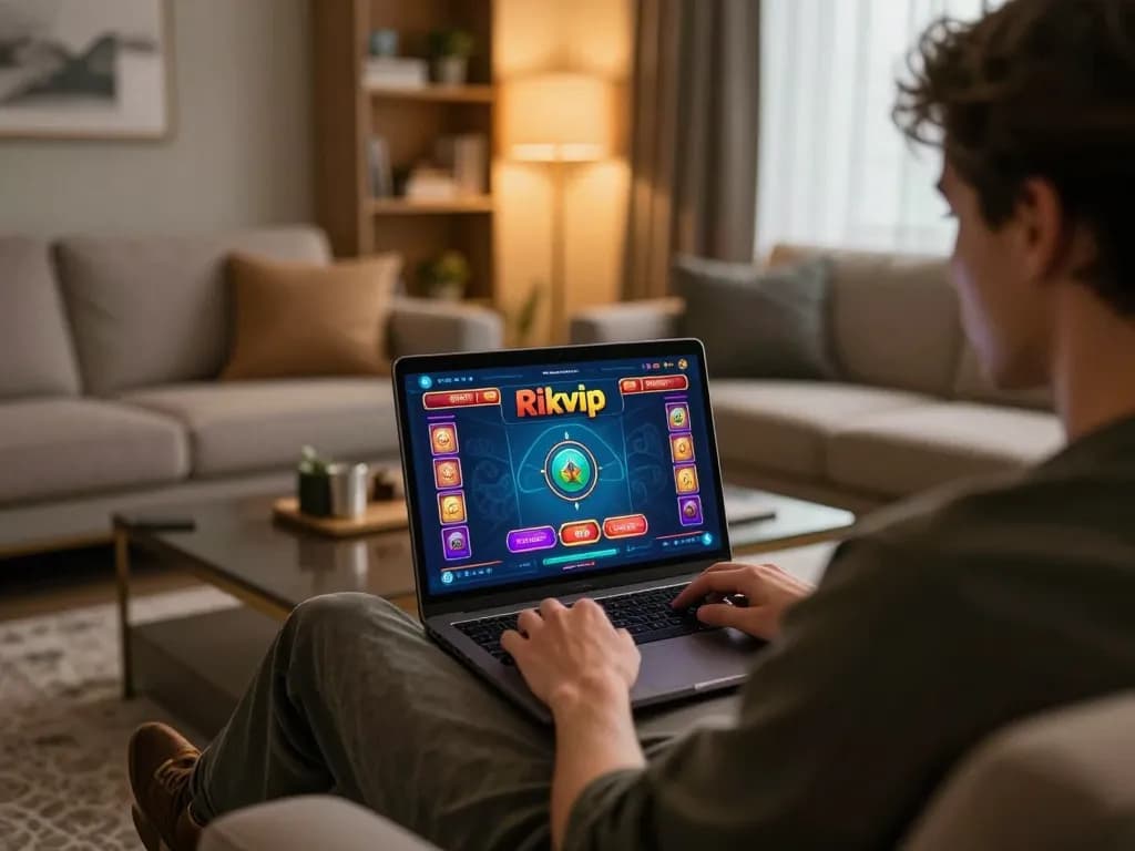 Engaged player enjoying rikvip on a laptop in a cozy living room, highlighting online casino gaming