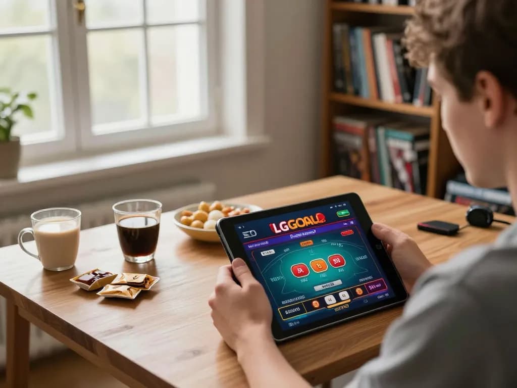 Engaging with LGOGOAL app on tablet, showcasing real-time casino thrills at home.