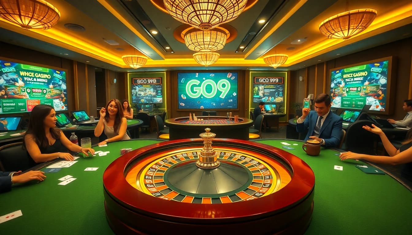 Engaging Go 99 gambling scene depicting roulette, poker chips, and casino tables.