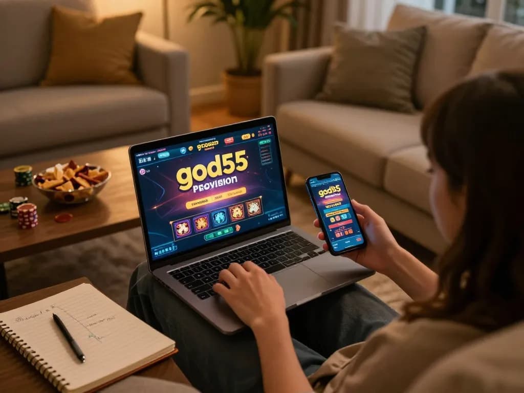 Player engages with god55 online casino on laptop, showcasing casual home gaming.