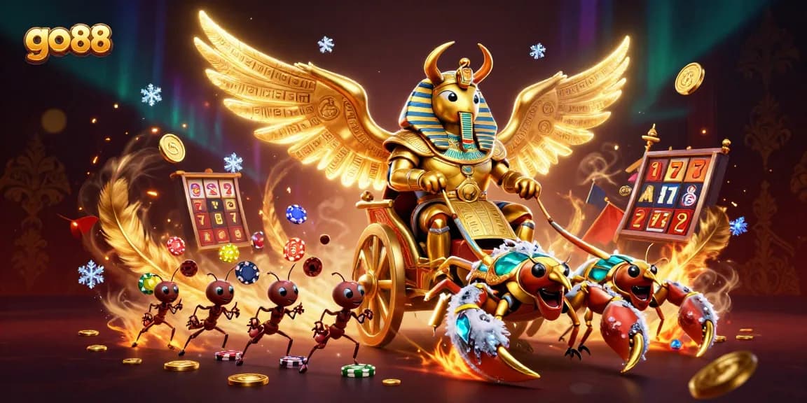 Engage with go 88 gaming action featuring a grand casino scene with golden scarab and scorpions.