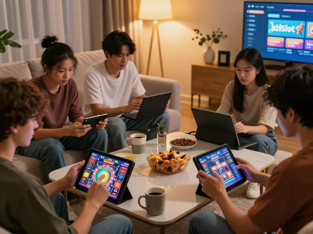Kdslot immersive gaming experience with friends in a cozy home setting during an online session.