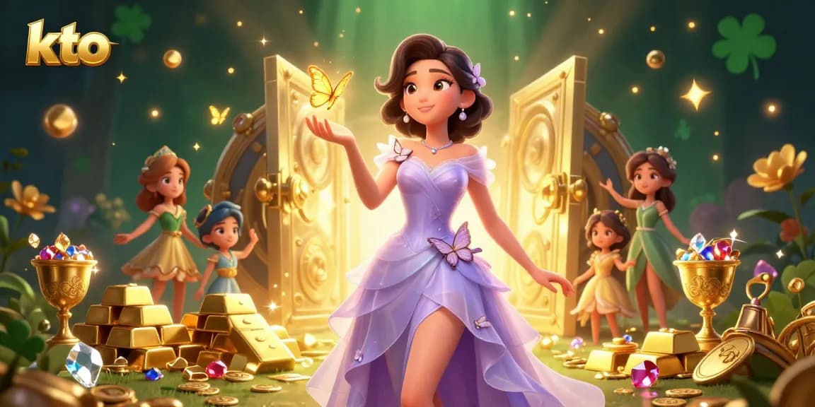 Engage with kto's enchanting gaming world through vibrant illustrations of casino treasures.