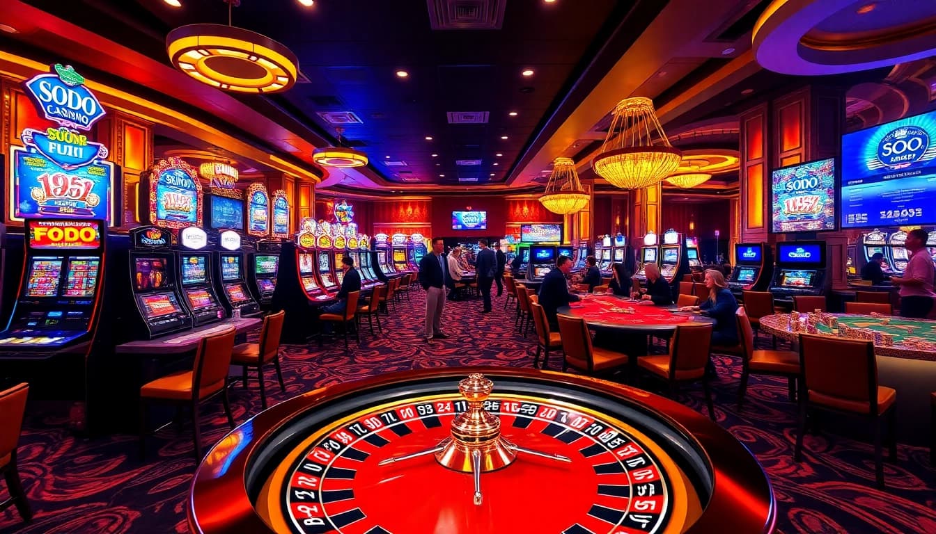 Players enjoying games at SODO Casino with vibrant slot machines and poker tables.