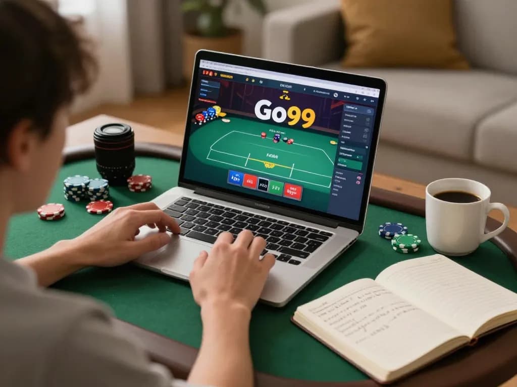 Engaging user playing Go99 poker online with colorful chips and strategy notes in a cozy environment.