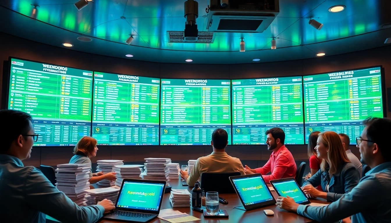 Dynamic sports betting scene showcasing live odds at https://keonhacai.gold/ with diverse individuals discussing predictions.