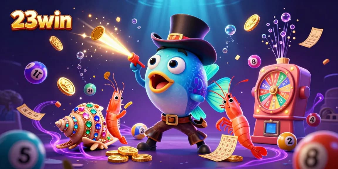 Engage with 23win's vibrant underwater casino illustration featuring an anglerfish and treasure elements.
