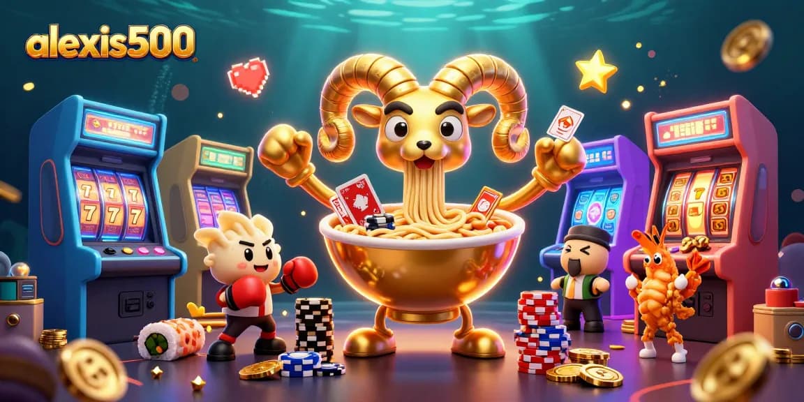 Join the exciting world of alexis500 with a vibrant illustration of a golden ramen bowl dealer and slot game elements.