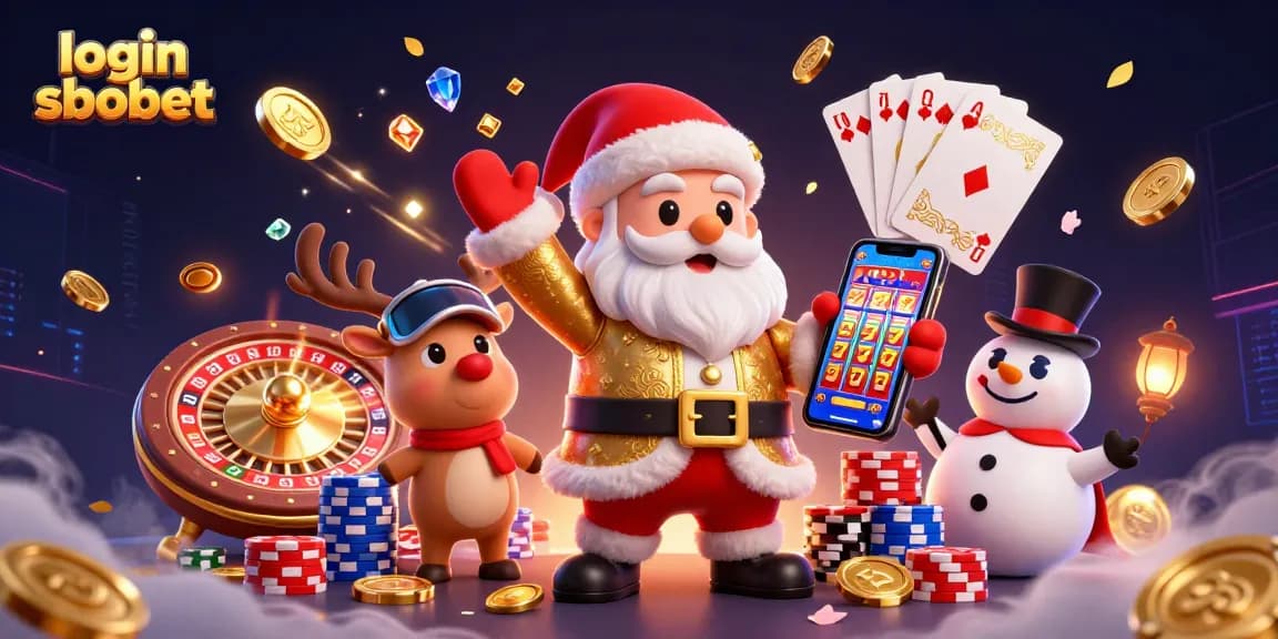 Experience login sbobet with a festive Santa and friends amidst dazzling casino visuals.