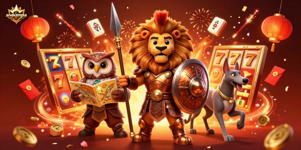 Win big with anakangsa in a vibrant 3D casino scene featuring slots and lively characters.