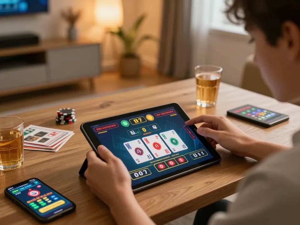 Win 678 player engaging in live dealer game on tablet in cozy home atmosphere.
