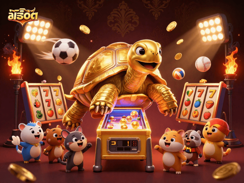 Win big with สล็อต as a colossal golden tortoise pinball machine in a vibrant 3D casino scene.
