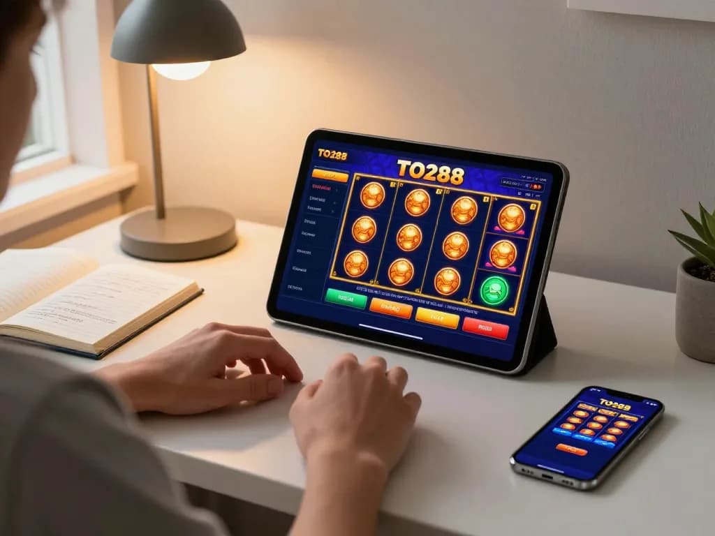 Engaging gaming experience on TO288 app with vibrant slot interface and strategic notes.