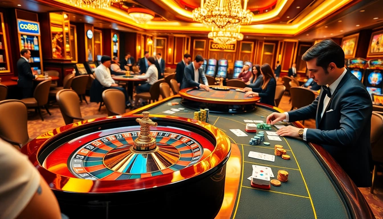 Exciting casino scene with players at a roulette table, embodying the co88 gambling experience in a luxurious setting.