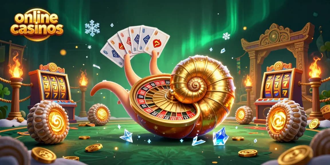 Experience the excitement of online casinos with a dynamic 3D illustration of a giant nautilus and glowing ammonites.