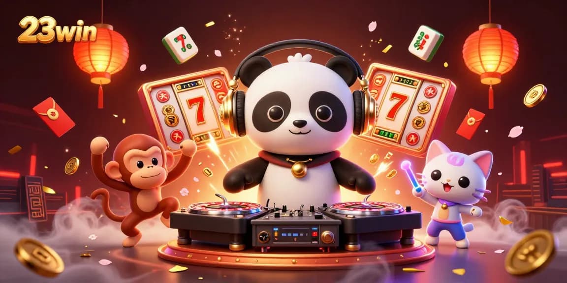 Experience casino excitement with 23win's vibrant characters and lively gaming elements in a dynamic scene.