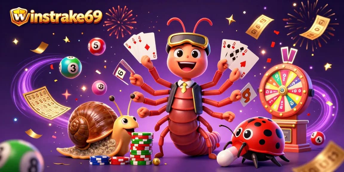 Experience the excitement of winstrike69 with a lively casino scene featuring colorful lottery balls and dynamic characters.