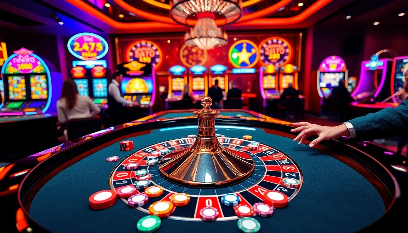 Experience the excitement of king88 at a luxurious roulette table with enthusiastic players and vibrant slot machines.