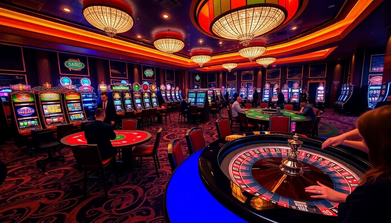 SODO CASINO 66 showcases an energetic casino scene with players engrossed in poker and vibrant slot machines.