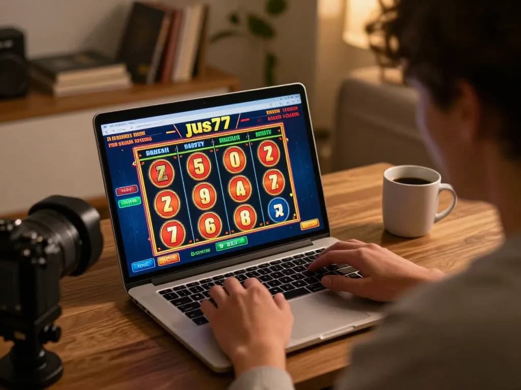 Pemain terlibat dalam permainan slot online strategis di jus77, menunjukkan laptop dan ekspresi fokus.