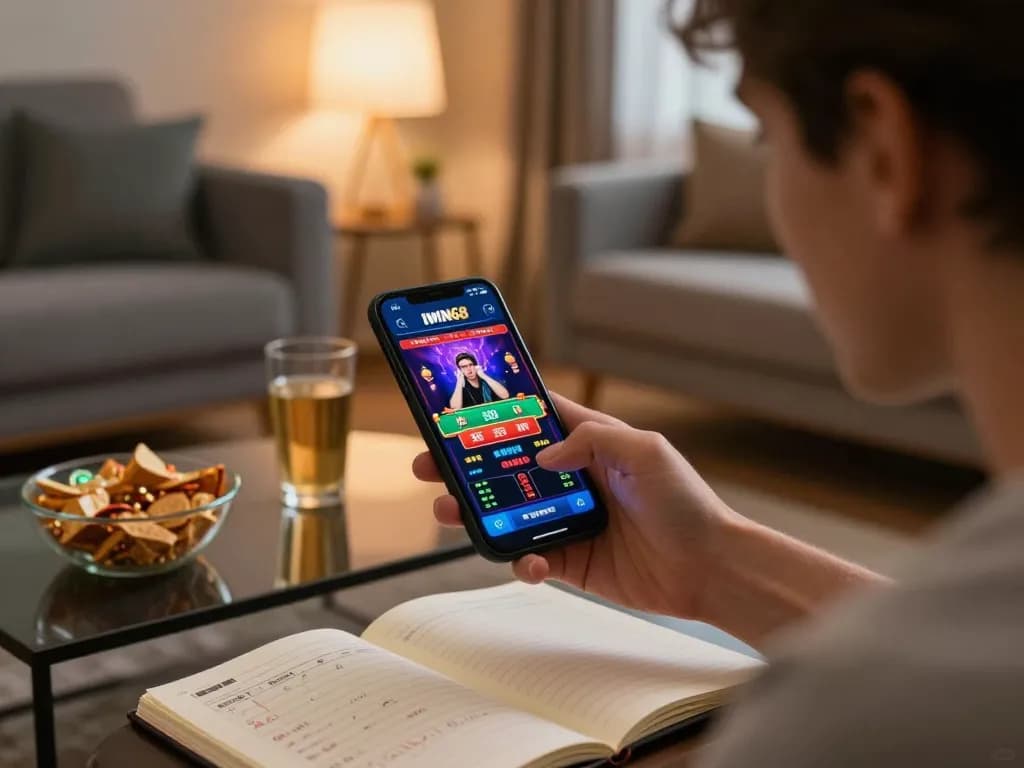IWIN68 mobile gaming session with a person engaged in live casino gameplay on their smartphone in a cozy home environment.